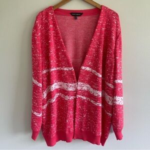 Ming Wang Women's Abstract V-Neck Knit Jacket Flamenco White Size 1X